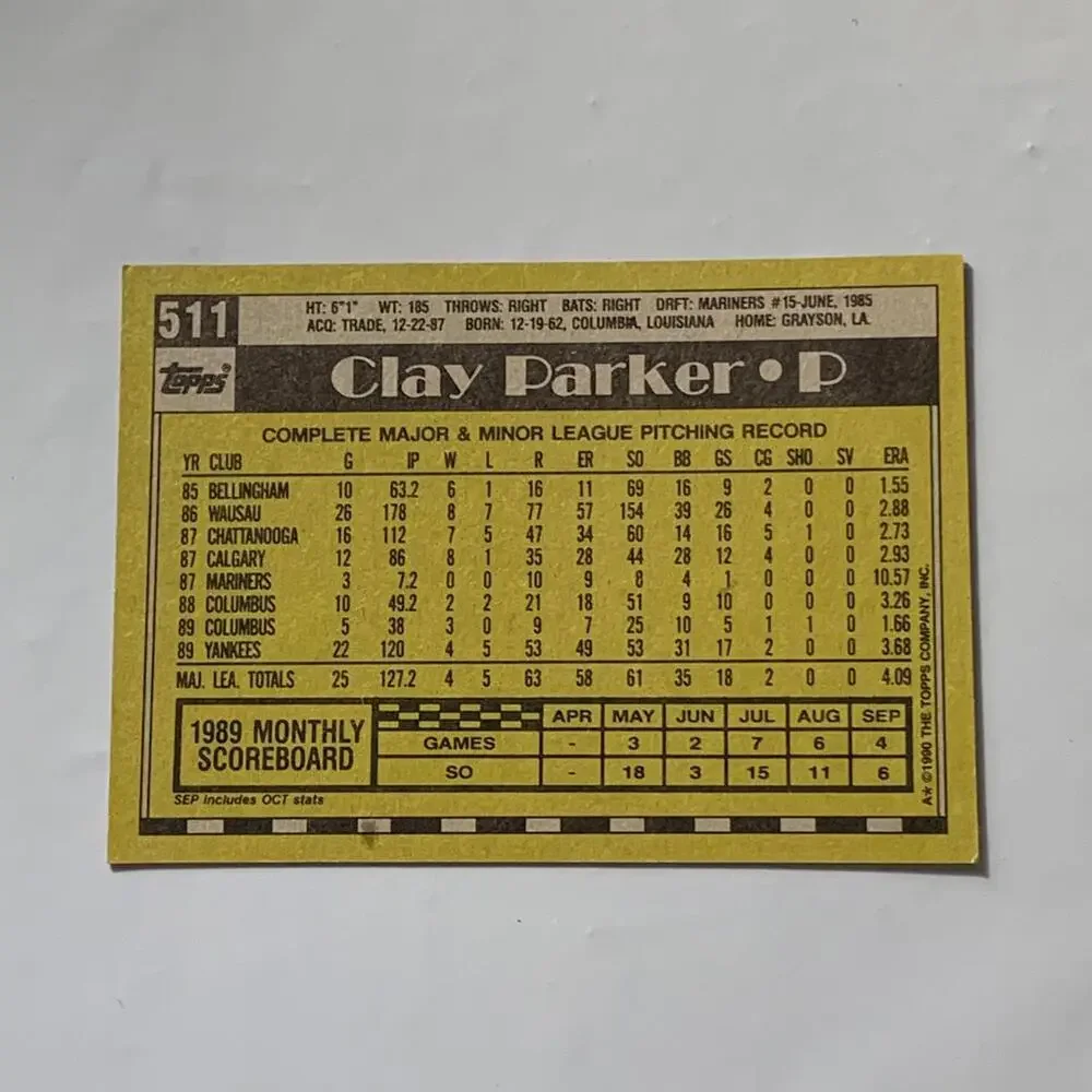 1989‎ Topps Clay Parker New York Yankees Baseball Card #511